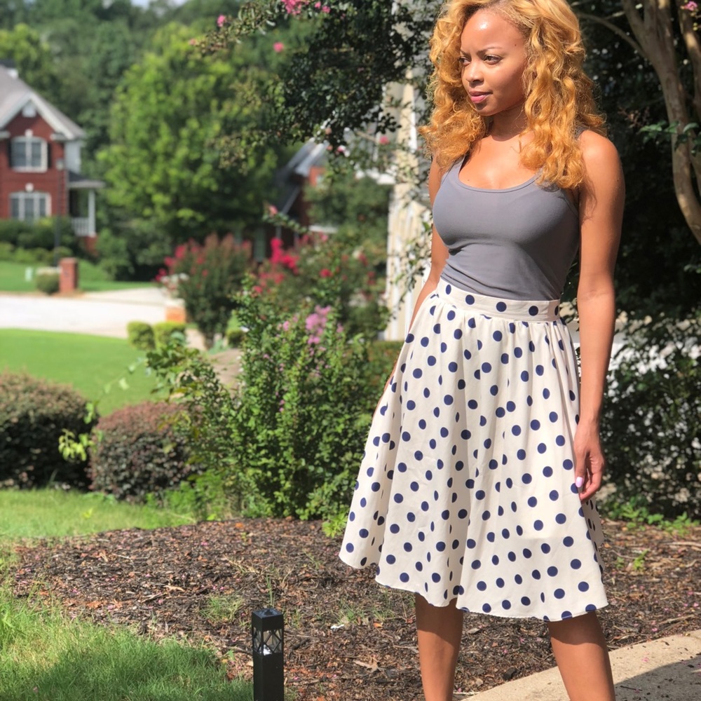Cream and navy blue polka dot skirt